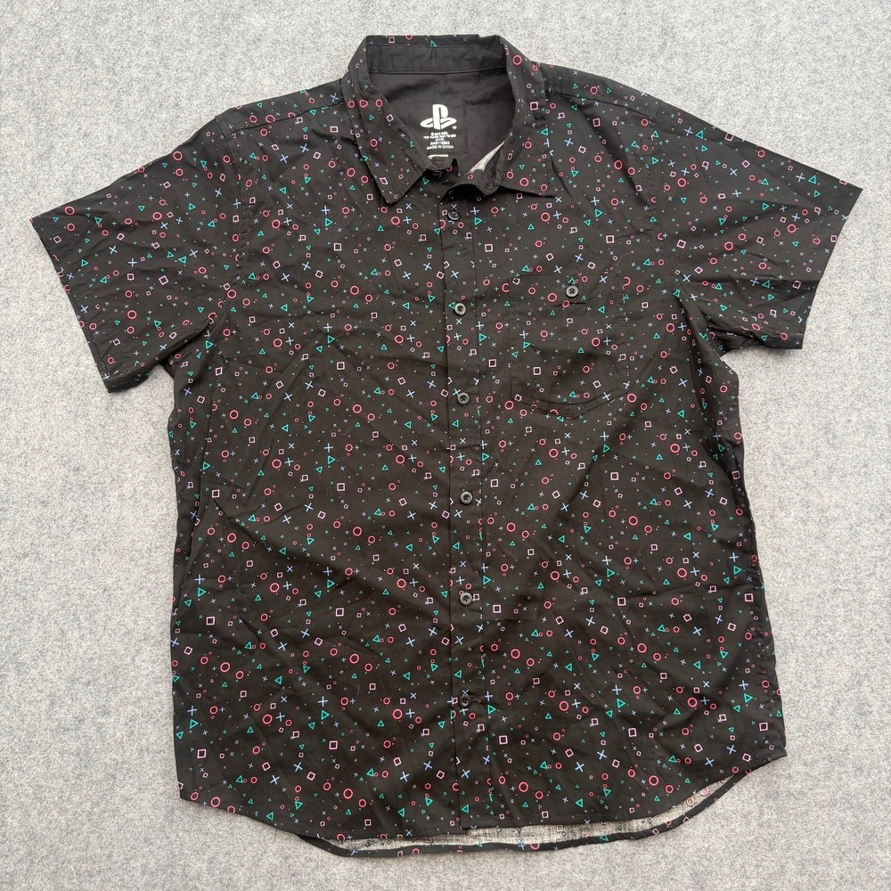PlayStation Men's Dress Shirt Black L Gaming Symbols Cotton Short Sleeve